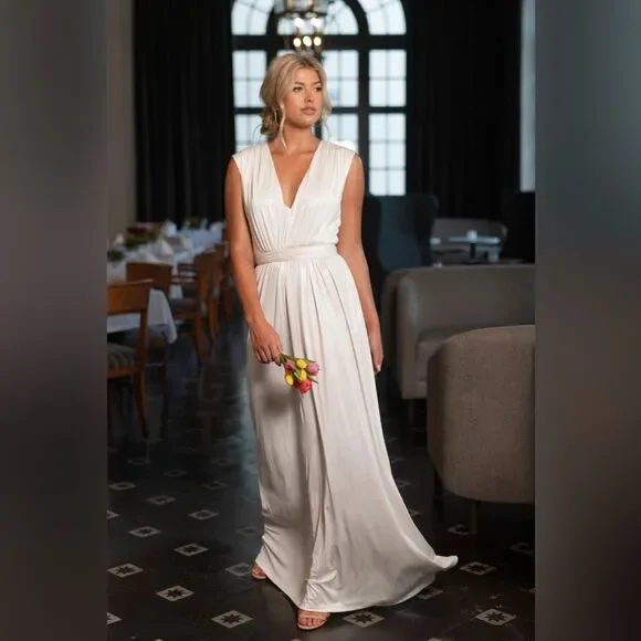 Dress the Population Krista Plunge Neck Side Slit Gown, Ivory, NWT, Size XXL - Picture 13 of 13